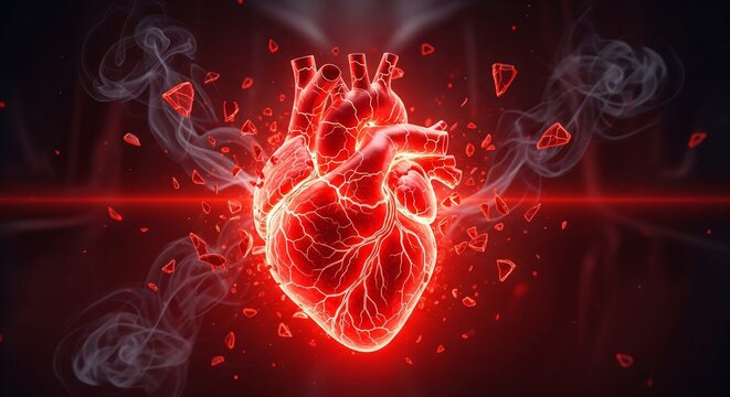 Glowing Red Anatomical Heart Exploding With Smoke and Debris Amidst Fiery Energy