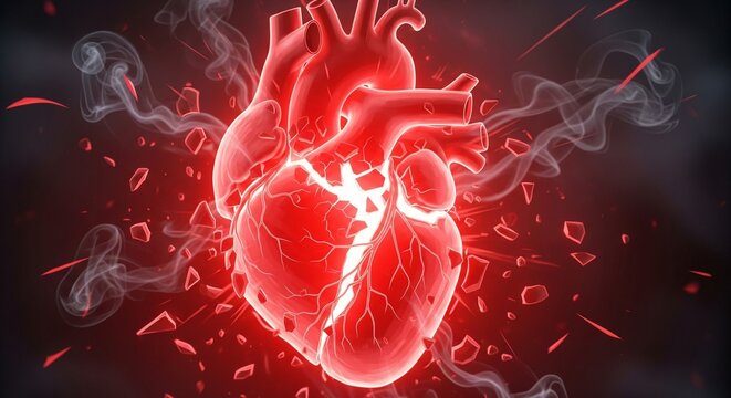 Symbolizing a broken or distressed heart with a vibrant red, exploding, and cracked human heart illustration