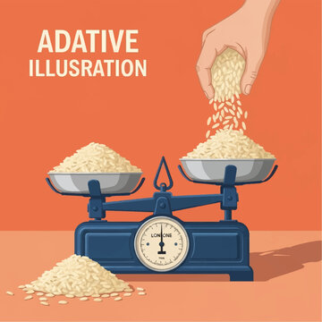 Vector illustration of a hand pouring dry white rice grains onto a blue mechanical balance scale with two metal plates, featuring piles of grain on a solid orange background.