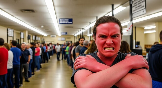 Furious man with red face and crossed arms in line of people