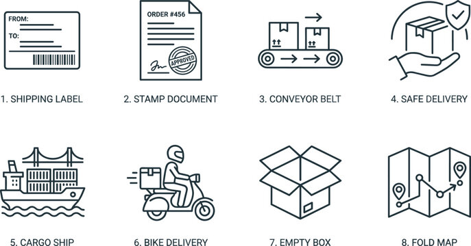 Shipping label icons featuring stamp document conveyor belt safe delivery cargo ship bike and fold map set.