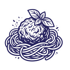 Fototapeta premium Graphic illustration of a single meatball resting on a nest of spaghetti noodles garnished with basil meatball spaghetti illustration engraving monochrome isolated