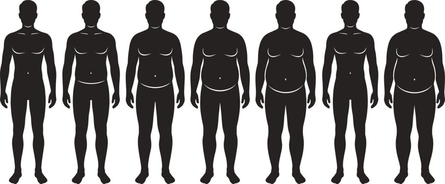 Set of male body types silhouettes showing different weight levels and body mass index on white background