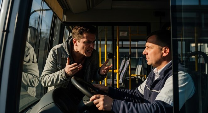 Passenger arguing with bus driver inside public transport vehicle during a stressful urban commute