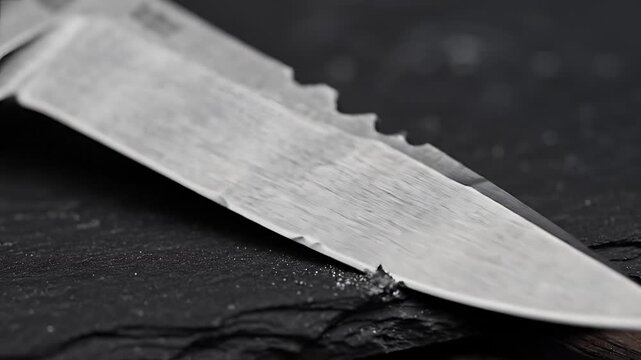Closeup Macro Shot of a Serrated Knife Blade on a Dark Slate Surface.