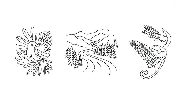 line drawing of a bird on a branch and a deer on a fern and a road through mountains