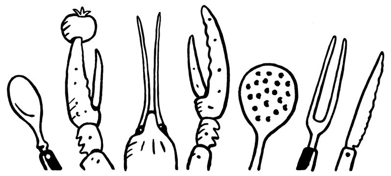 Flusskrebs mit K&uuml;chenbesteck, Schwarz-Wei&szlig;-Illustration