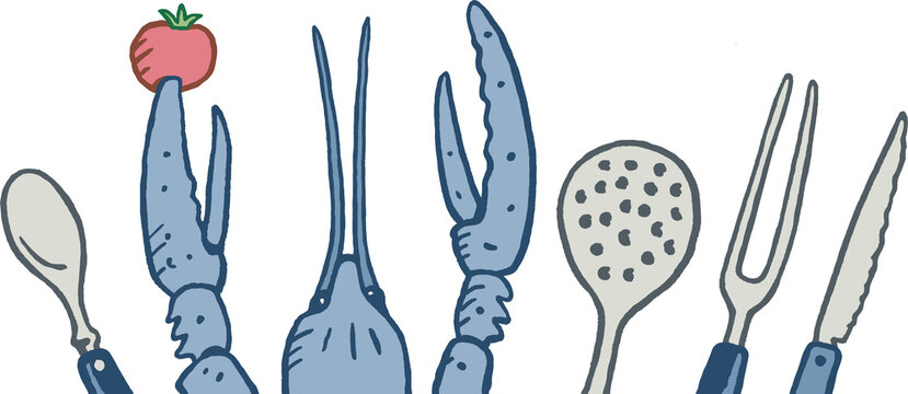 Flusskrebs mit K&uuml;chenbesteck und Tomate, Farb-Illustration