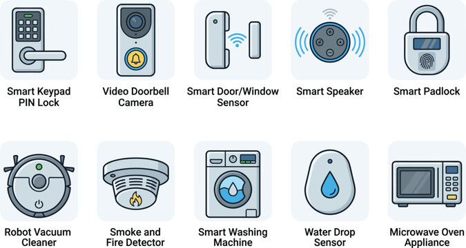 Smart home automation device icons featuring security locks and kitchen appliances in modern flat design style.