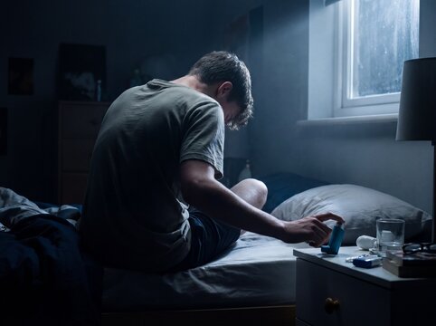 Un controcampo dal basso di un ragazzo seduto sul bordo del letto di notte affetto da asma bronchiale, ha le spalle sollevate e il collo teso nello sforzo di respirare mentre con la mano afferra un in