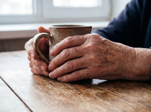 Una macrofotografia delle mani di una donna anziana appoggiate su un tavolo colpite da artrosi, le nocche delle dita sono visibilmente ingrossate e leggermente deviate mentre cercano di stringere con