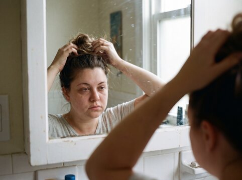 Un dettaglio di una donna affetta da ipotiroidismo riflessa nello specchio del bagno di prima mattina, ha il viso leggermente gonfio e gli occhi stanchi mentre raccoglie i capelli tra le cui dita rima
