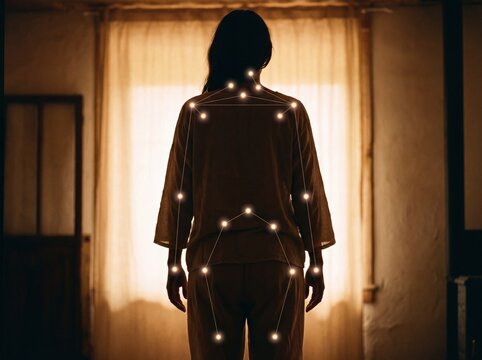 La silhouette di una figura femminile di spalle affetta da fibromialgia illuminata da una luce soffusa, sul suo corpo sono sovrapposti graficamente dei piccoli punti luminosi nei punti di ancoraggio m