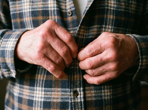 Un dettaglio ravvicinato di una persona affetta da artrite reumatoide che tenta di abbottonarsi il polsino della camicia, i polsi e le articolazioni delle dita appaiono gonfi e rigidi rendendo impossi