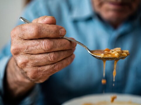 Un dettaglio macro su una mano affetta da morbo di Parkinson che cerca di tenere fermo un cucchiaio pieno di minestra, l'inquadratura mossa segue il tremore ritmico e incontrollabile della mano eviden