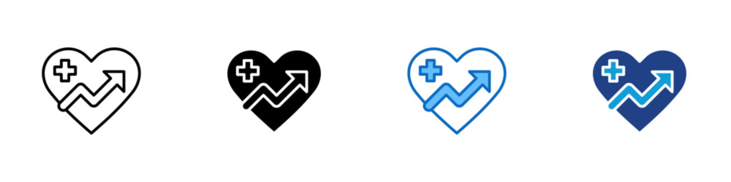 Health Progress Multiple Style Icon Design Vector - Heart with cross and rising arrow representing health improvement, treatment progress, and wellness growth
