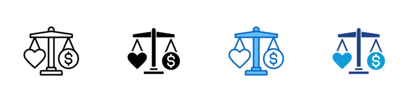 Healthcare Cost Multiple Style Icon Design Vector - Balance scale with heart and dollar coin representing healthcare cost, value based care, and medical budgeting