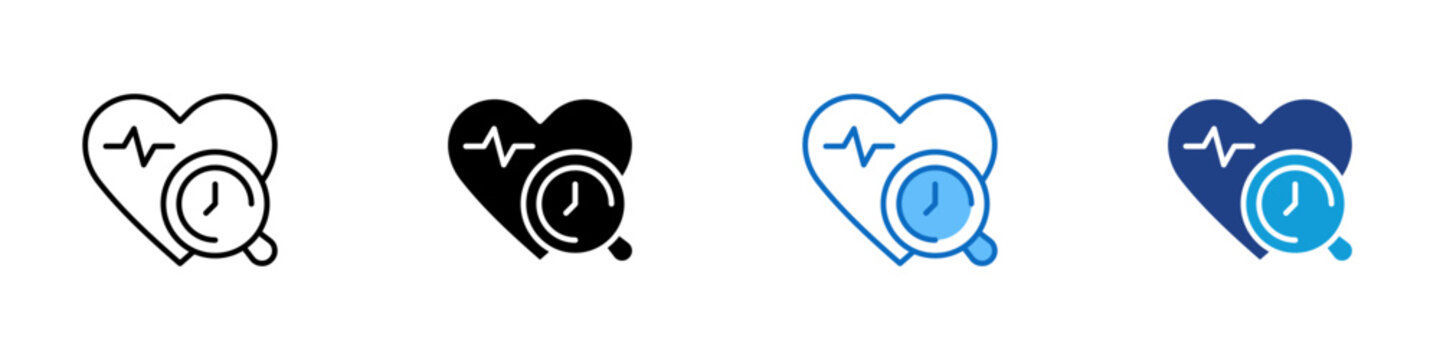 Heart Monitoring Multiple Style Icon Design Vector - Heart with pulse and clock magnifier representing cardiac monitoring, patient tracking, and timely health assessment