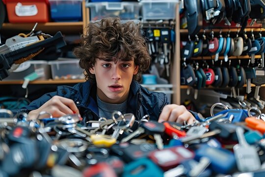 Frantic Man Scouring Cluttered Room for Misplaced Keys