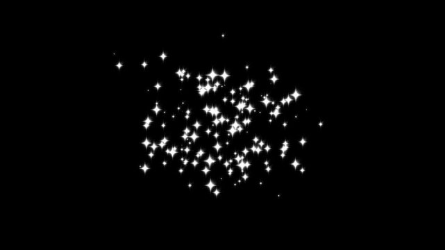2d glitter stars particles blast animation,white glowing dust line, fairy twinkle animation, blinking light effect on black screen, cosmic sparkle effect motion video.