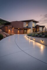 Fototapeta premium Modern home sits on hillside surrounded by nature with evening lights shining, showcasing architecture against the twilight sky