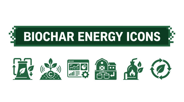 "BIOCHAR ENERGY ICONS" is displayed above six simple line icons representing various biochar and energy processes.