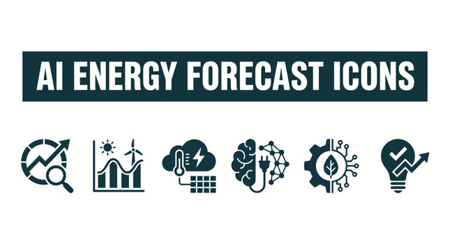 "AI ENERGY FORECAST ICONS" displays six distinct icons below it, representing concepts like data analysis, renewable energy integration, smart grids, and AI for energy management. 