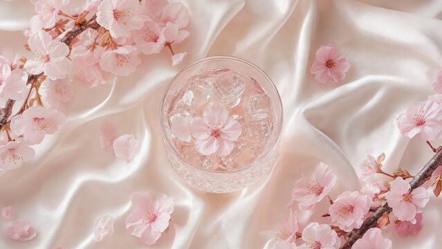 Elegant sakura drink on silk fabric background