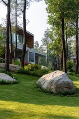 Fototapeta premium A vibrant green space features scattered rocks and contemporary buildings, all nestled among lush trees in a serene forest setting during the daytime
