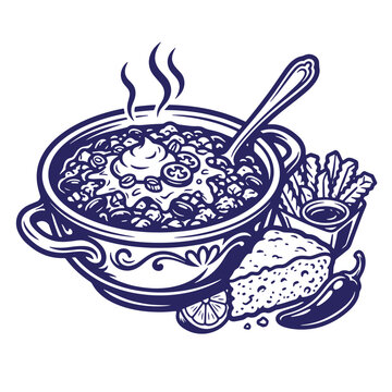 Chili con carne in a bowl with sour cream and side of cornbread illustration cornbread homemade delicious illustration monochrome restaurant ingredients