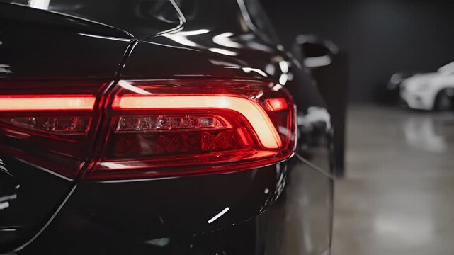 Closeup of a sleek black cars illuminated taillight in a showroom.