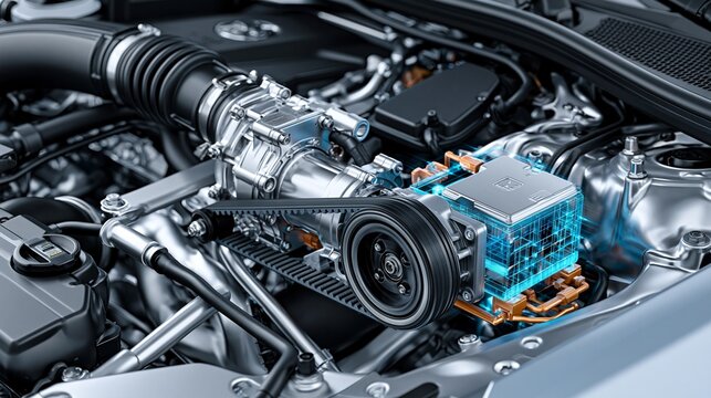Medium shot of a sedans engine compartment showcasing a 48V mild hybrid module with beltdriven startergenerator and control unit integration.