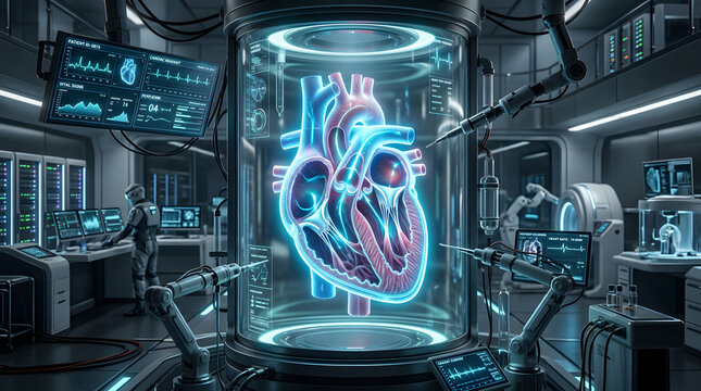 Futuristic glass tank housing a glowing blue synthetic heart.