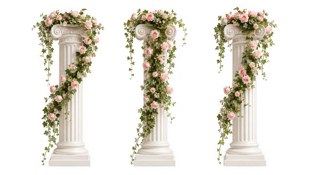 Classic white stone pillars decorated with ivy vines and pink roses as isolated on transparent background