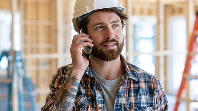 Renovation coordinator wearing a hard hat midconversation on a phone with visible chat threads captured in highkey natural light amid an outoffocus modern home renovation site.