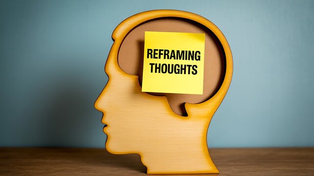 Human head silhouette with reframing thoughts concept for positive mindset and mental growth