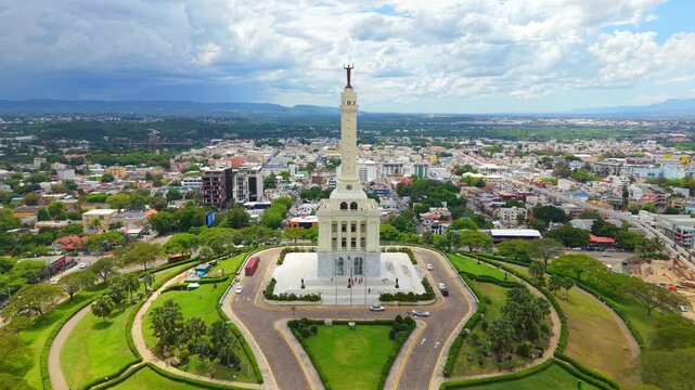 Drone aerial view of monument santiago, Dominican Republic.