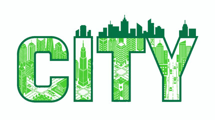 Fototapeta premium Green city typography illustration featuring isometric urban buildings and street infrastructure inside large block letters on a white background
