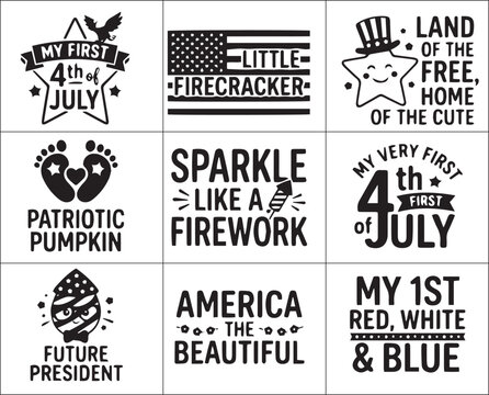 Patriotic July 4th, American Independence Day, Red White Blue Vector Icons, 12 Label Set