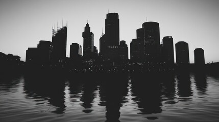 Obraz premium Dark skyline reflecting on water, showing a monochromatic city's silhouette at dusk
