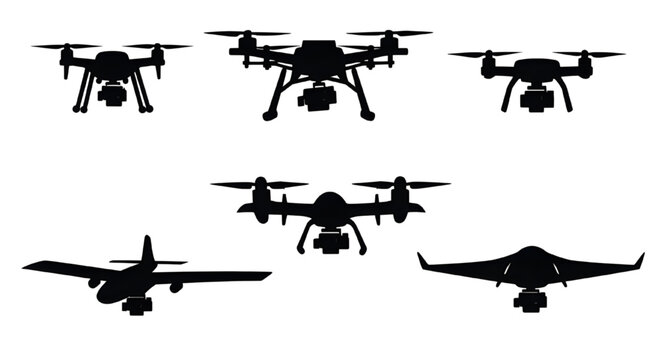 Drone Silhouette Set with Quadcopters and Fixed Wing UAV,  Back silhouettes showing various types of unmanned aerial vehicles, quadcopters, multicopters, and fixed-wing drones with cameras 