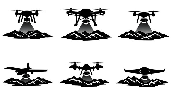 Drone Mapping Silhouette Scanning Mountain Topography Terrain, Projecting wide sensor or laser beams onto rugged mountain ranges to illustrate geographic surveying, photogrammetry, and terrain mapping