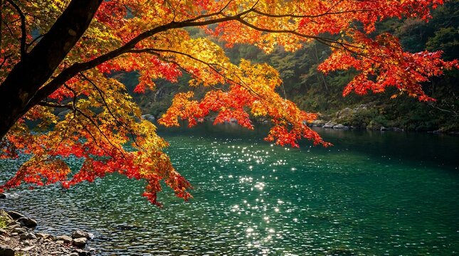 Autumn leaves fall on green river water.