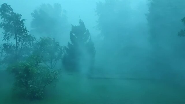 Hurricane-force winds are battering the trees in a forest with extreme force.
