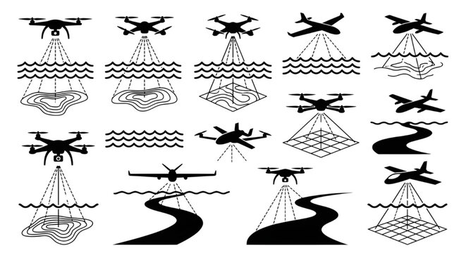 Bathymetric Drone Survey Silhouette Scanning Underwater River Topography, Vector icons illustrating aircraft, drones mapping underwater depth levels, marine environments, winding rivers, coastal sea