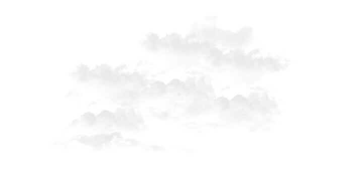 White fluffy cumulus clouds on transparent background for sky replacement and composition.
