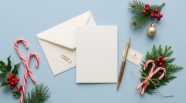 Elegant festive stationery flat lay with blank card envelope golden pen and traditional candy canes.