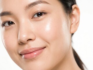 Obraz premium Beautiful Asian Woman with Glowing Healthy Skin Close-Up Portrait on White Background