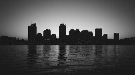 Fototapeta premium Black and white skyline silhouette reflected on water under a bright horizon