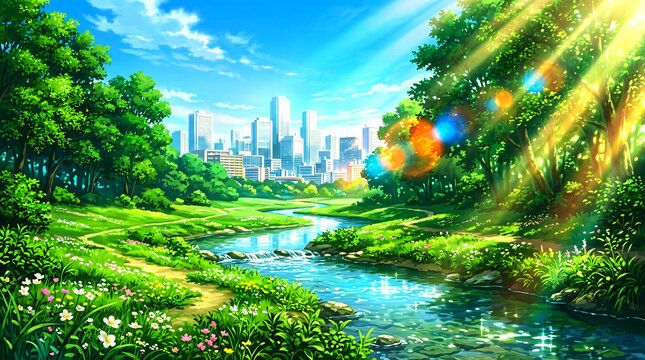 Lush green forest with stream and distant city skyline.